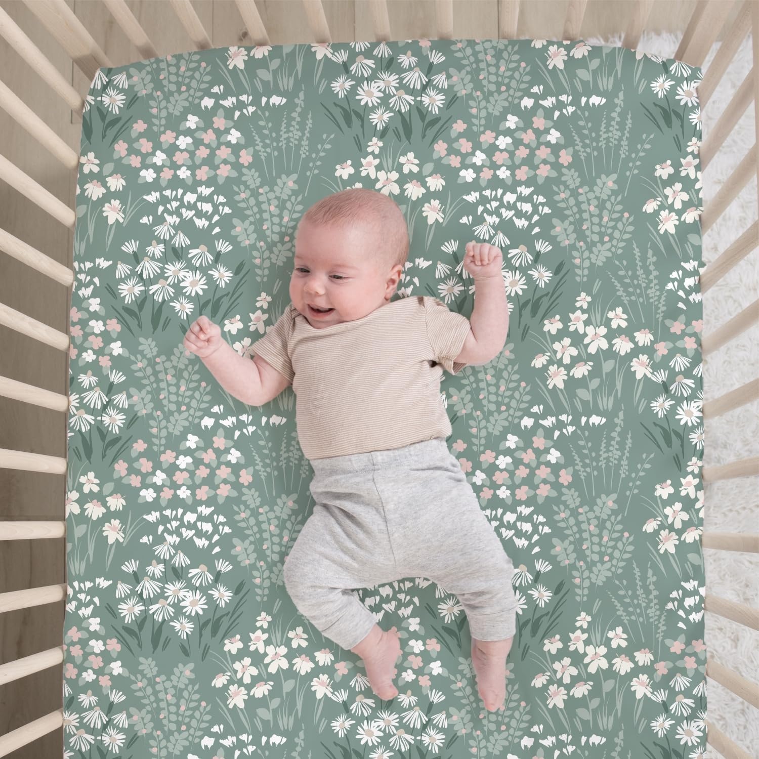 image:imageThe Peanutshell Sage Meadow 3Piece Baby Girl Crib Bedding Set Botanical Nursery Quilt Comforter Sheet amp Skirt Floral Baby Crib Bedding Set Girl for Newborn amp Toddler