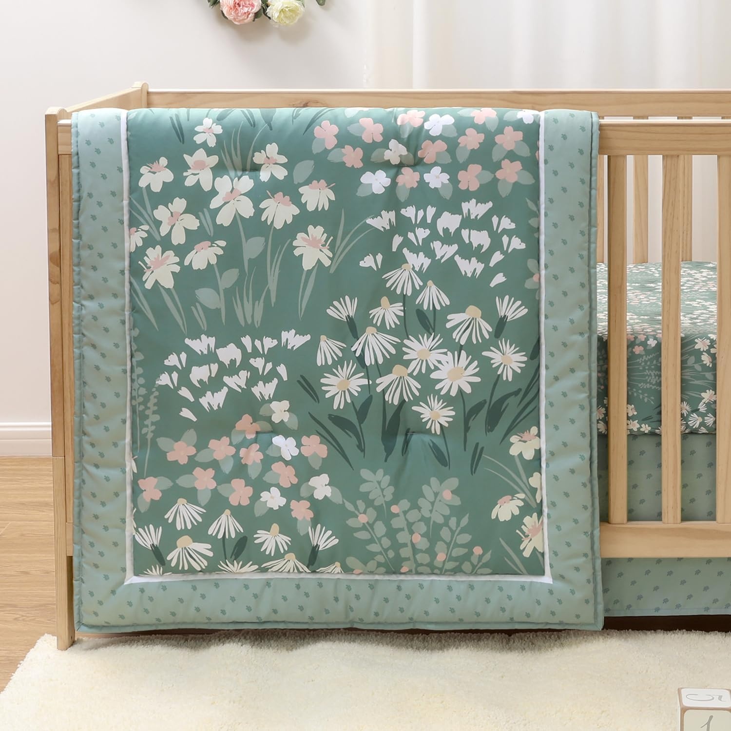 image:imageThe Peanutshell Sage Meadow 3Piece Baby Girl Crib Bedding Set Botanical Nursery Quilt Comforter Sheet amp Skirt Floral Baby Crib Bedding Set Girl for Newborn amp Toddler