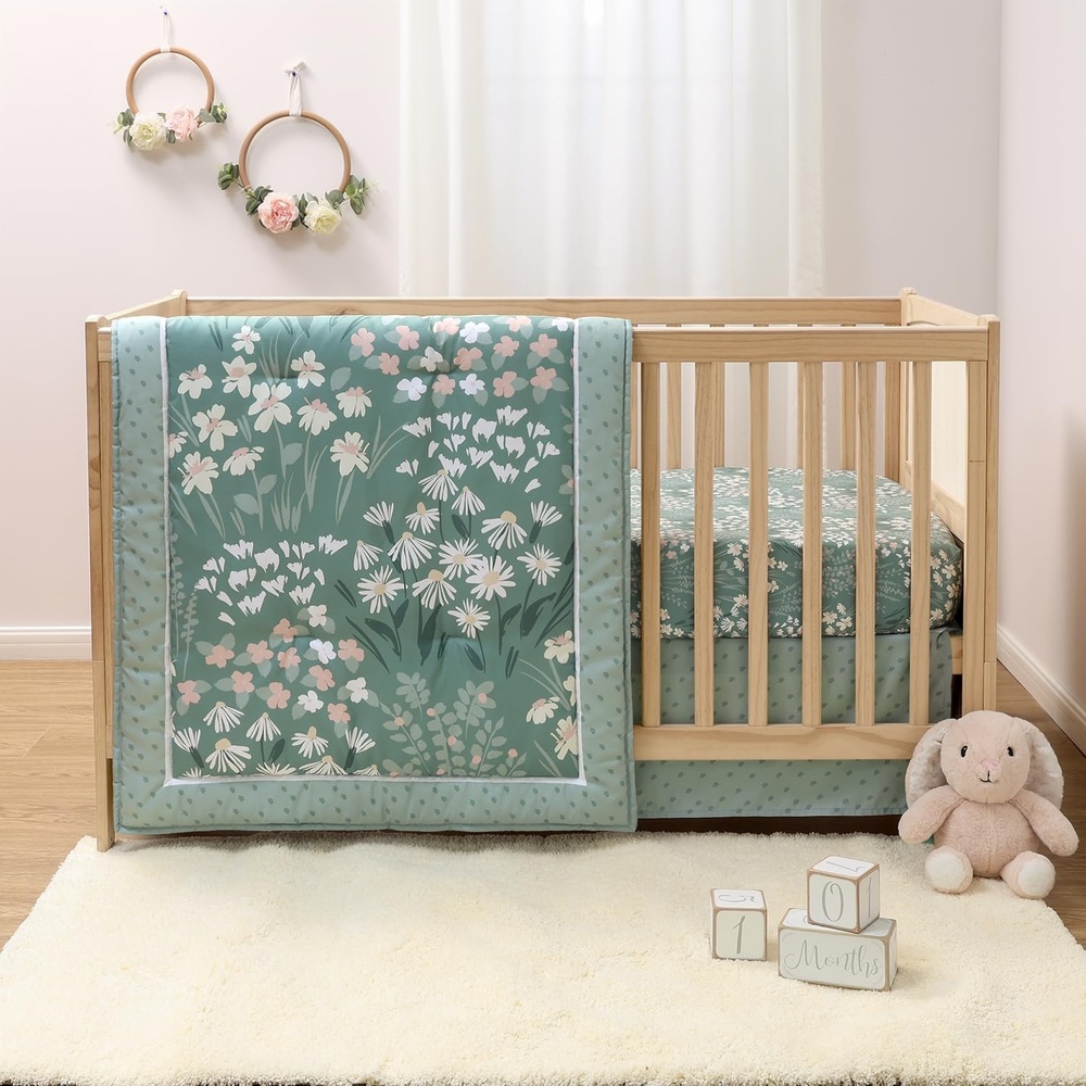 image:imageThe Peanutshell Sage Meadow 3Piece Baby Girl Crib Bedding Set  Botanical Nursery Quilt Comforter Sheet amp Skirt  Floral Baby Crib Bedding Set Girl for Newborn amp Toddler