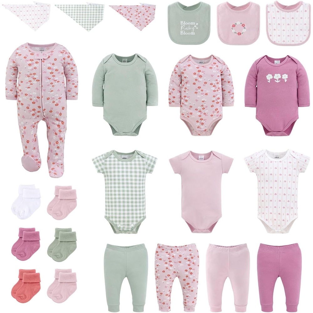 image:imageThe Peanutshell 23Piece Baby Girl Clothes Set 100 Cotton Newborn Essentials Must Haves Floral Pink amp Green