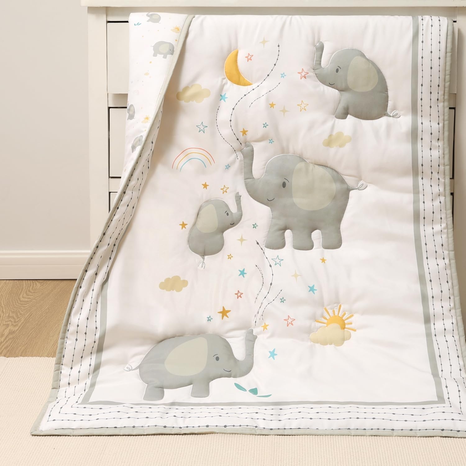 image:imageThe Peanutshell 3 Piece Elephant Whimsy Baby Crib Bedding Set Boy or Girl Nursery Decor Boy Crib Comforter Set Classic Neutral Ivory amp Cream Tones Quilt and Accessories Gender Neutral