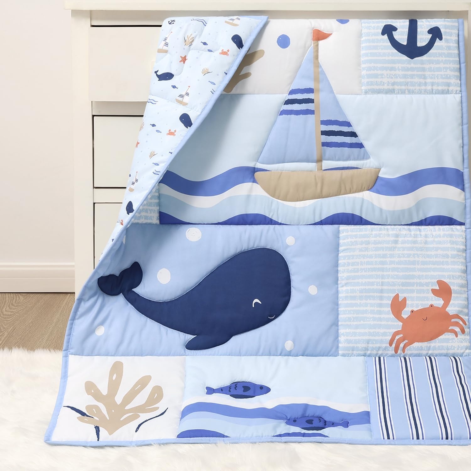image:imageThe Peanutshell 3 Piece Nautical Patch Baby Crib Bedding Set Boy Baby Blanket Quilt Fitted Crib Sheets for Boys Navy amp Blue Striped Crib Skirt Ocean Nursery Decor Boy