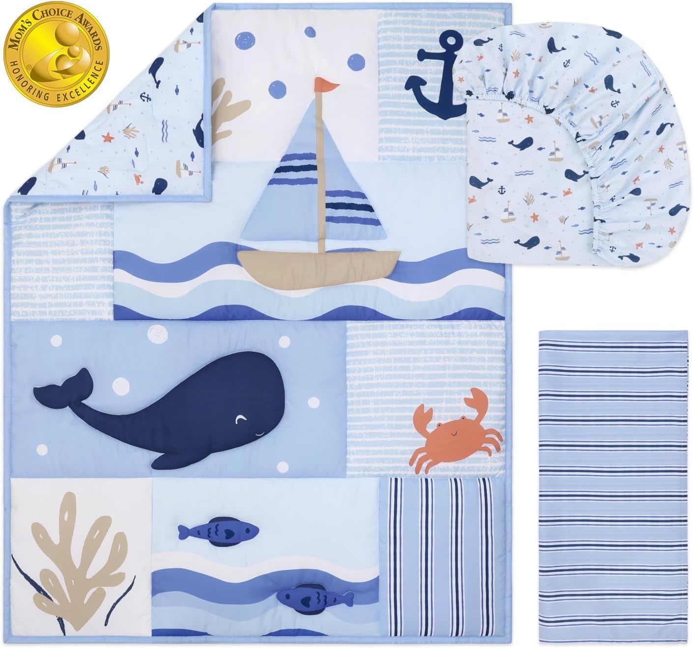 image:imageThe Peanutshell 3 Piece Nautical Patch Baby Crib Bedding Set Boy Baby Blanket Quilt Fitted Crib Sheets for Boys Navy amp Blue Striped Crib Skirt Ocean Nursery Decor Boy