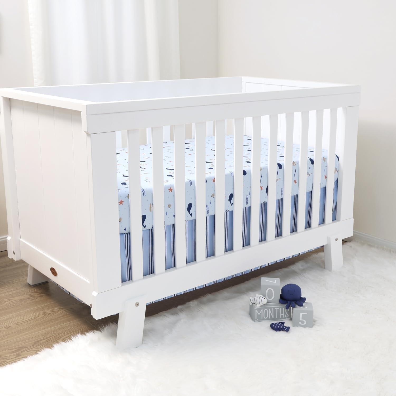 image:imageThe Peanutshell 3 Piece Nautical Patch Baby Crib Bedding Set Boy Baby Blanket Quilt Fitted Crib Sheets for Boys Navy amp Blue Striped Crib Skirt Ocean Nursery Decor Boy