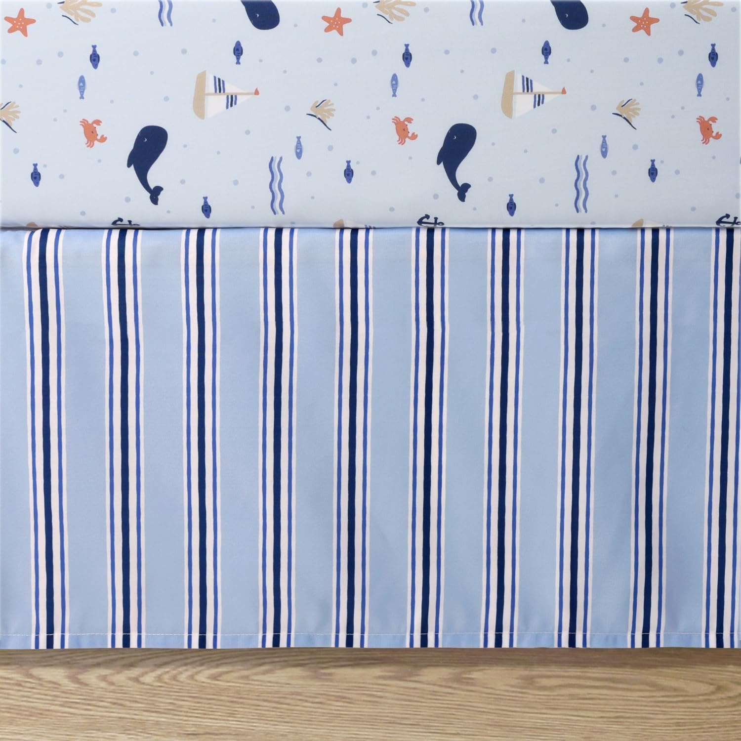 image:imageThe Peanutshell 3 Piece Nautical Patch Baby Crib Bedding Set Boy Baby Blanket Quilt Fitted Crib Sheets for Boys Navy amp Blue Striped Crib Skirt Ocean Nursery Decor Boy