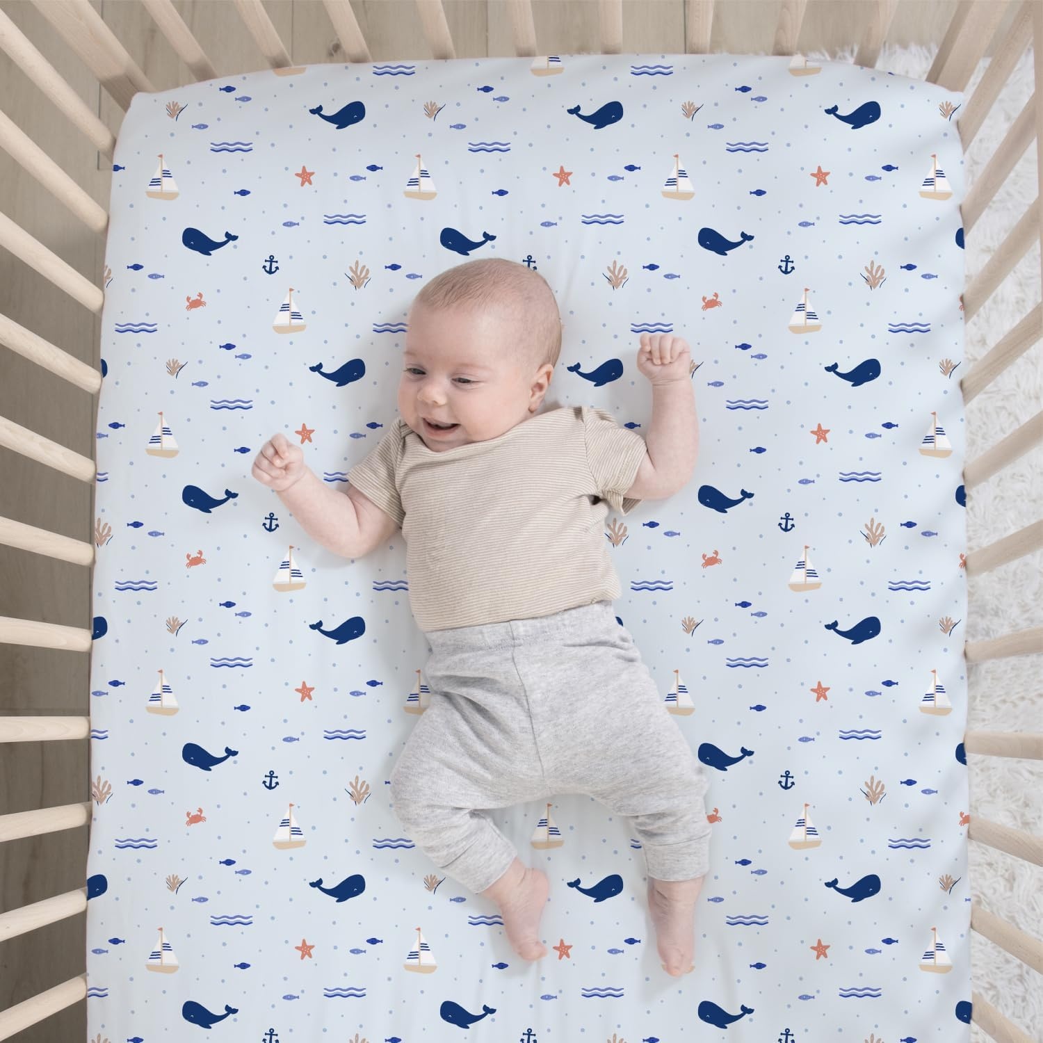 image:imageThe Peanutshell 3 Piece Nautical Patch Baby Crib Bedding Set Boy Baby Blanket Quilt Fitted Crib Sheets for Boys Navy amp Blue Striped Crib Skirt Ocean Nursery Decor Boy
