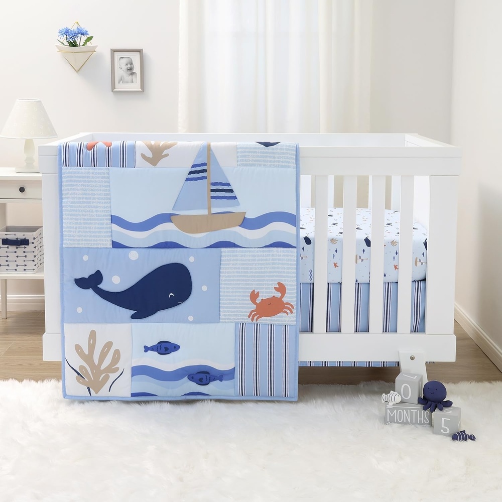 image:imageThe Peanutshell 3 Piece Nautical Patch Baby Crib Bedding Set Boy Baby Blanket Quilt Fitted Crib Sheets for Boys Navy amp Blue Striped Crib Skirt Ocean Nursery Decor Boy
