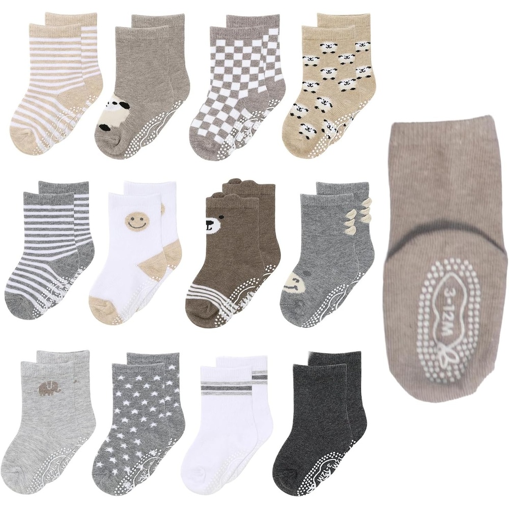image:imageThe Peanutshell Soothing Neutrals Grip Socks 12pk Cotton Baby Socks